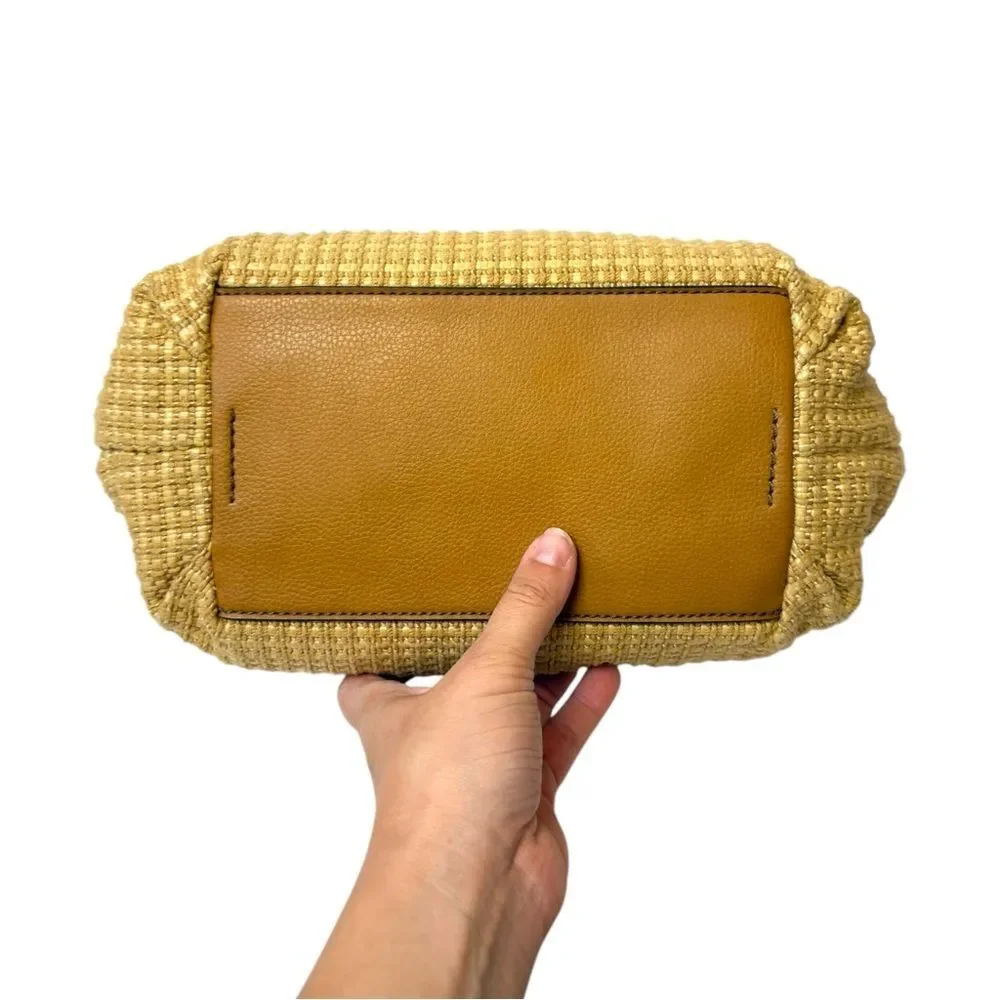 Vintage Fossil Tan Woven Straw Wood Handles Small Satchel Tote Bag Y2K 90’s Boho